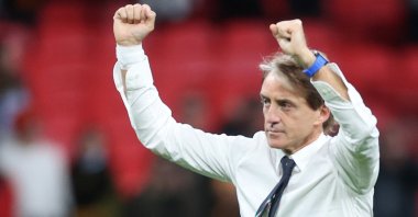 Italy coach Roberto Mancini celebrates after winning the Euro 2020 semifinal against Spain, Wembley Stadium, London, England, July 6, 2021. (Reuters Photo)