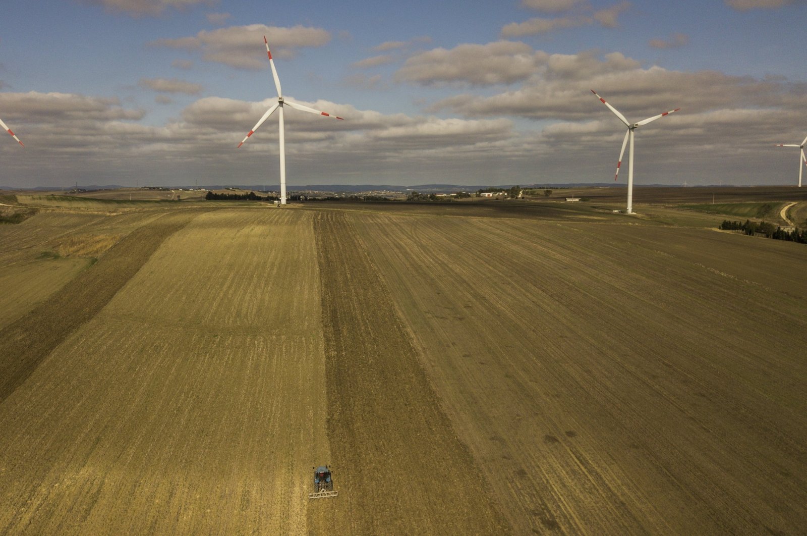 An aerial view taken by a drone shows wind turbines in the countryside of Istanbul, Turkey, Oct. 22, 2020. (EPA Photo)