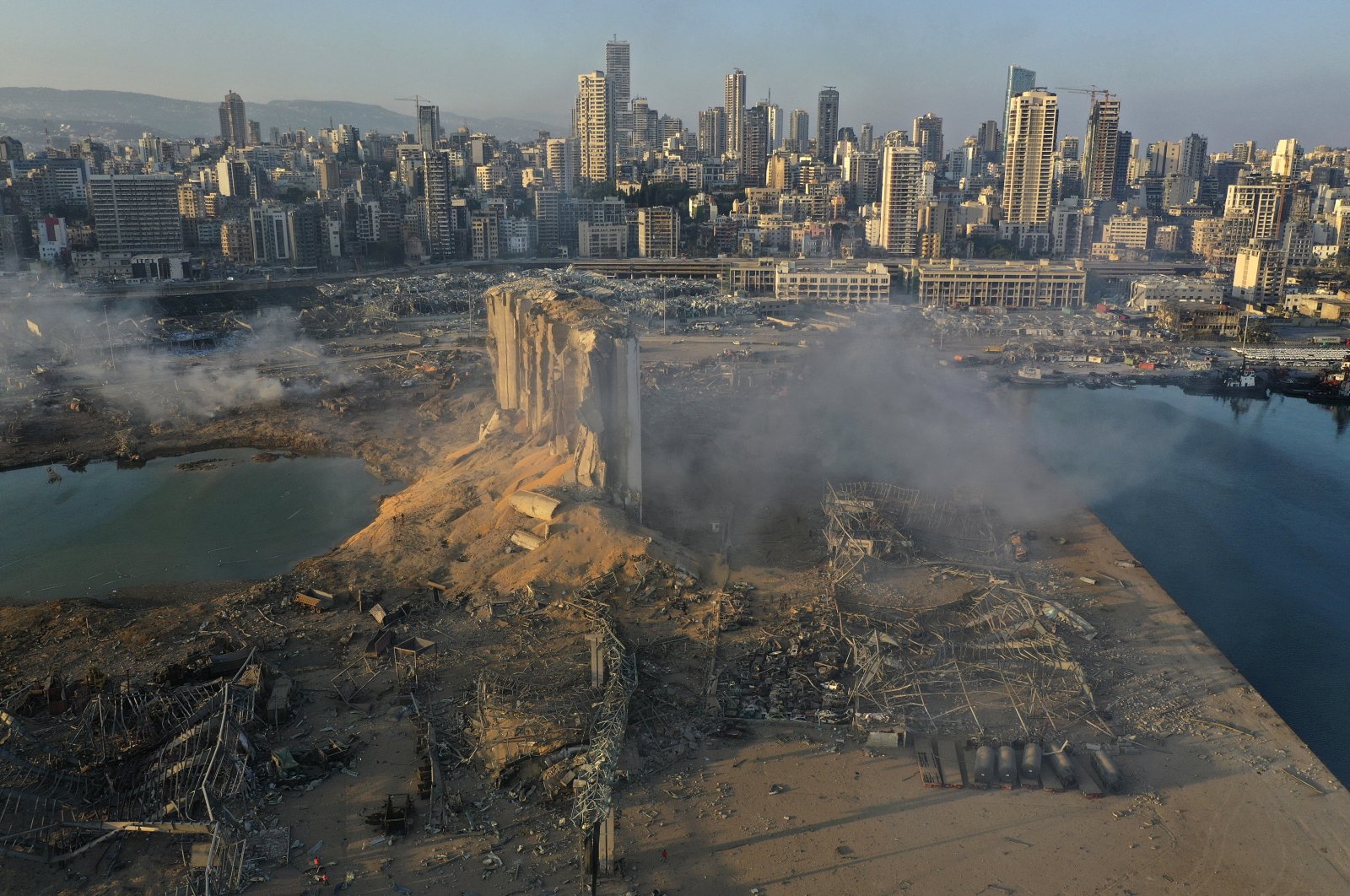 A drone photo shows the destruction after last year's explosion at the Port of Beirut, Lebanon, Aug. 5, 2020. (AP Photo)