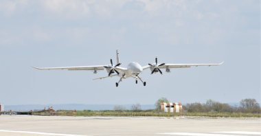 An Akıncı UCAV lands on a runway in northwestern Tekirdağ province, Turkey, April. 22, 2021. (IHA Photo)