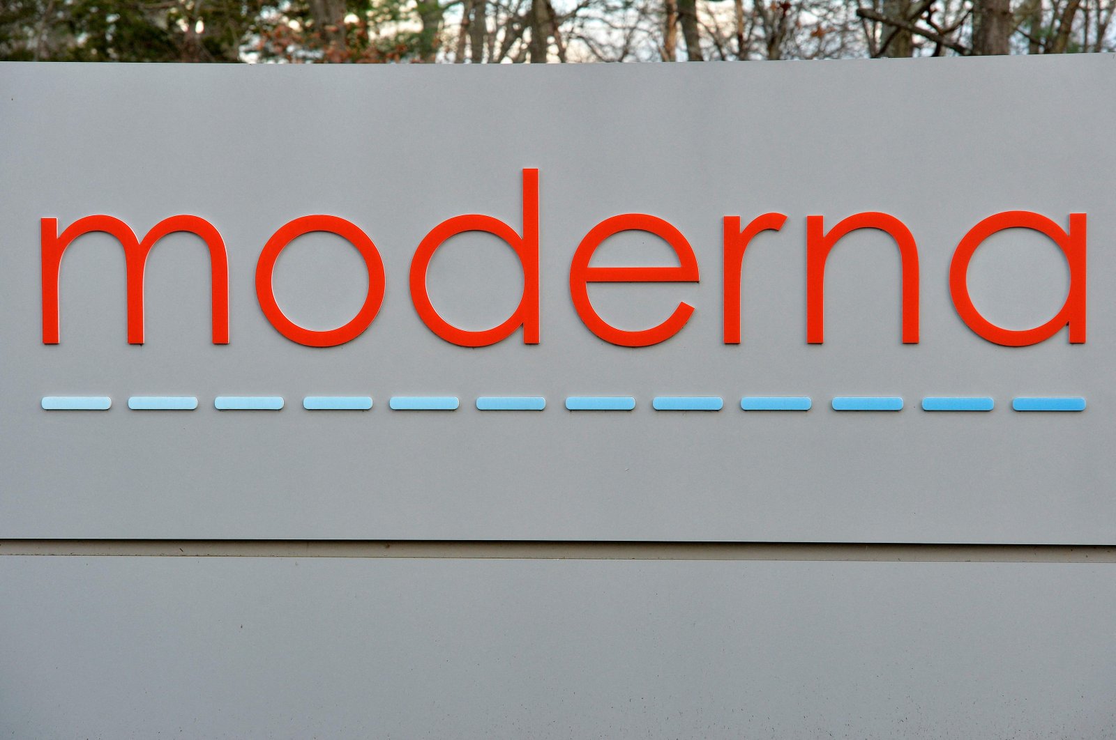 In this file photo the Moderna logo is seen at the Moderna campus in Norwood where the biotechnology company is mass producing its COVID-19 vaccine, Massachusetts, Dec. 2, 2020.  (AFP Photo)