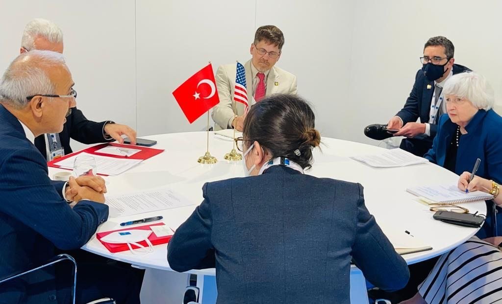 Turkish Treasury and Finance Minister Lütfi Elvan (L) and U.S. Treasury Secretary Janet Yellen met on the sidelines of a G-20 meeting in Venice, Italy, July 9, 2021. (Treasury and Finance Ministry via AA)