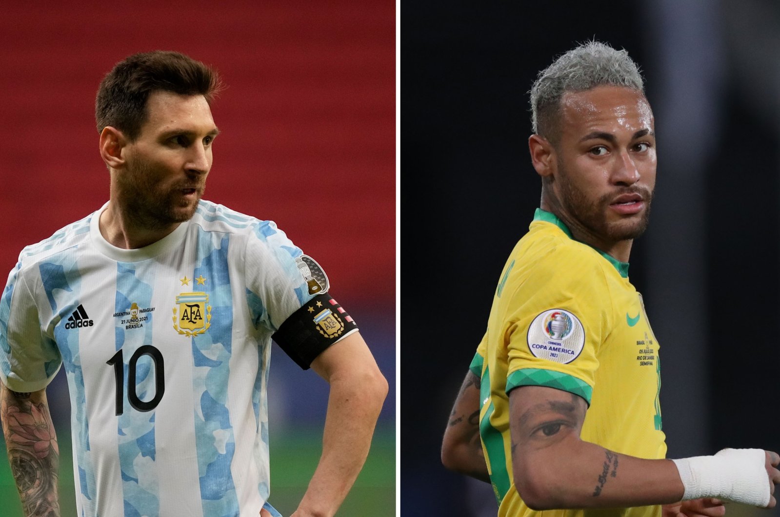 This photo combo created on July 9, 2021, shows Argentina forward Lionel Messi (L) and Brazil's Neymar. (Reuters / DS Photo)