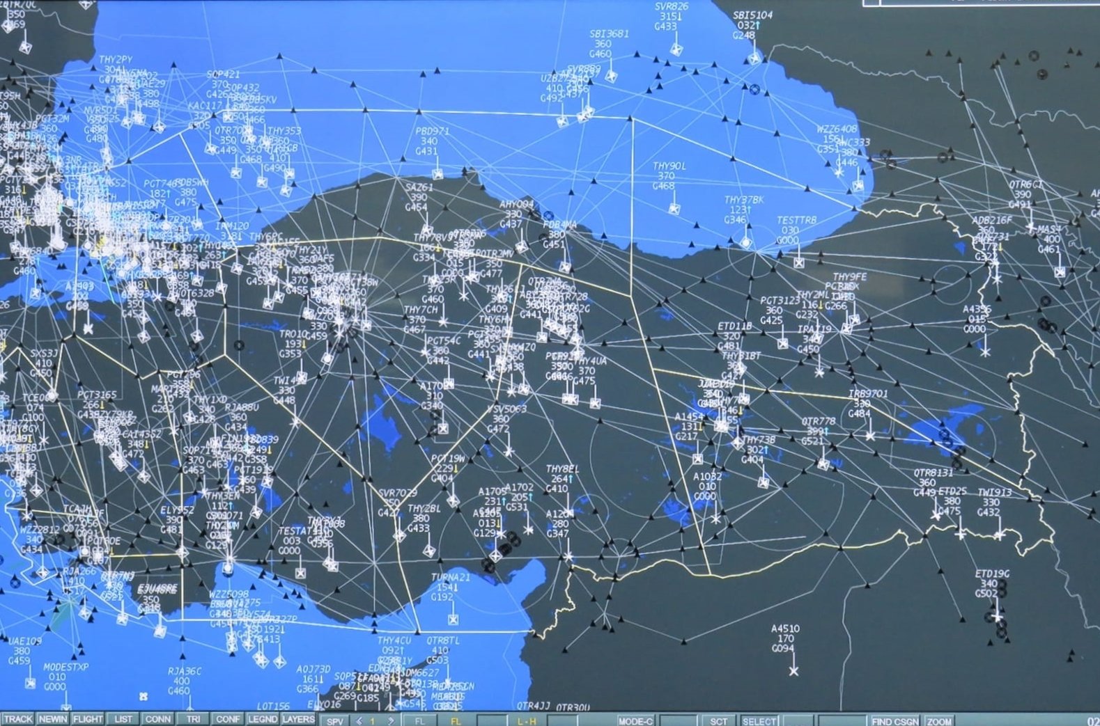 A State Airports Authority's Air Traffic Control Center map shows air traffic over Turkey in this photo provided on July 11, 2021. (Courtesy of Transport and Infrastructure Ministry)