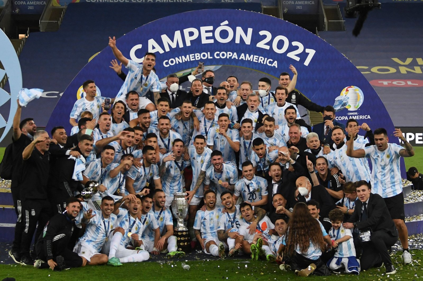 Players of Argentina celebrate with the trophy after winning the 2021 Copa America final against Brazil at Maracana Stadium in Rio de Janeiro, Brazil, July 10, 2021. (AFP Photo)