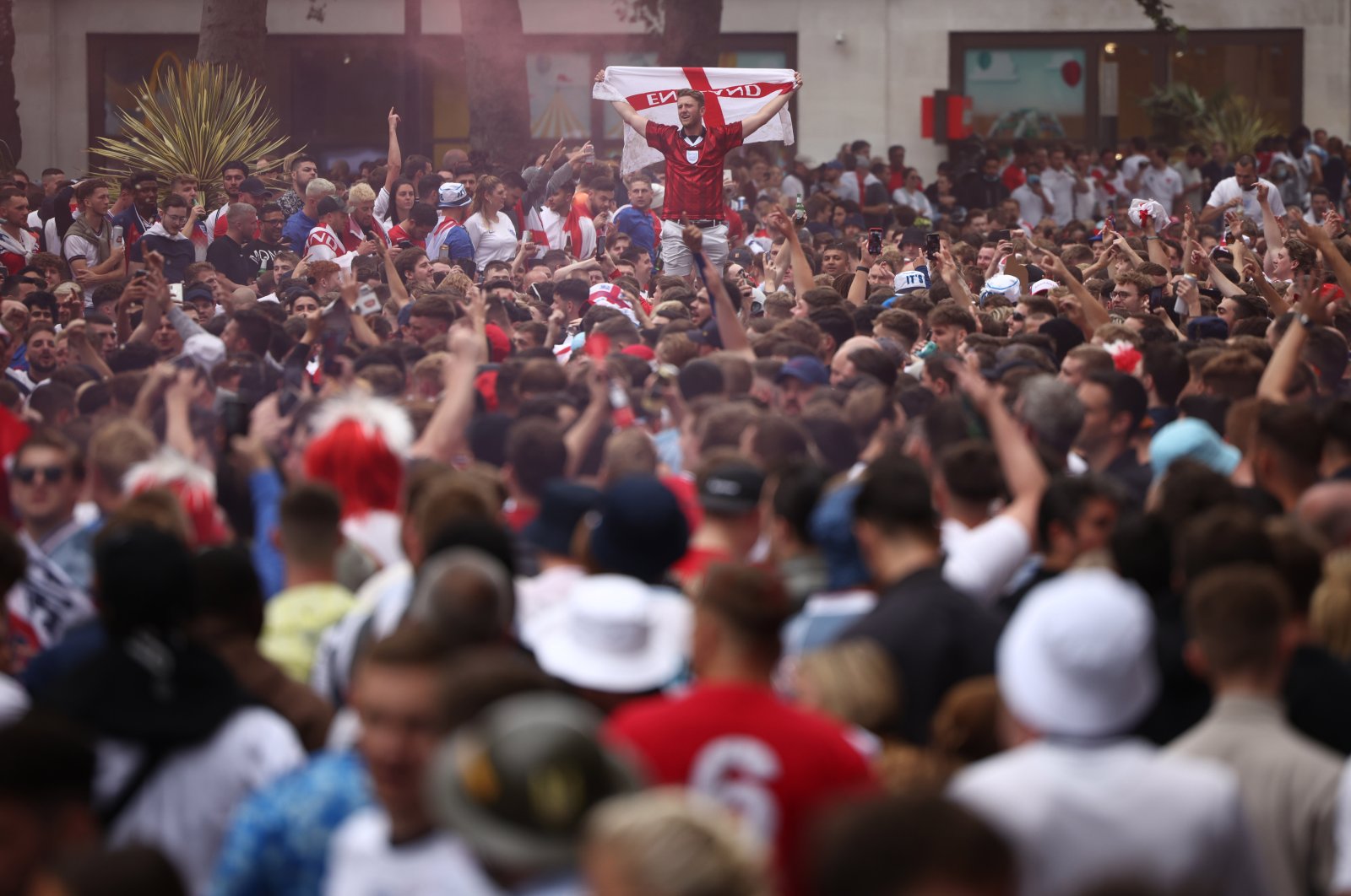 England fans gather at Leicester Square ahead of the Euro 2020 final between England and Italy, London, England, July 11, 2021. (Reuters Photo)