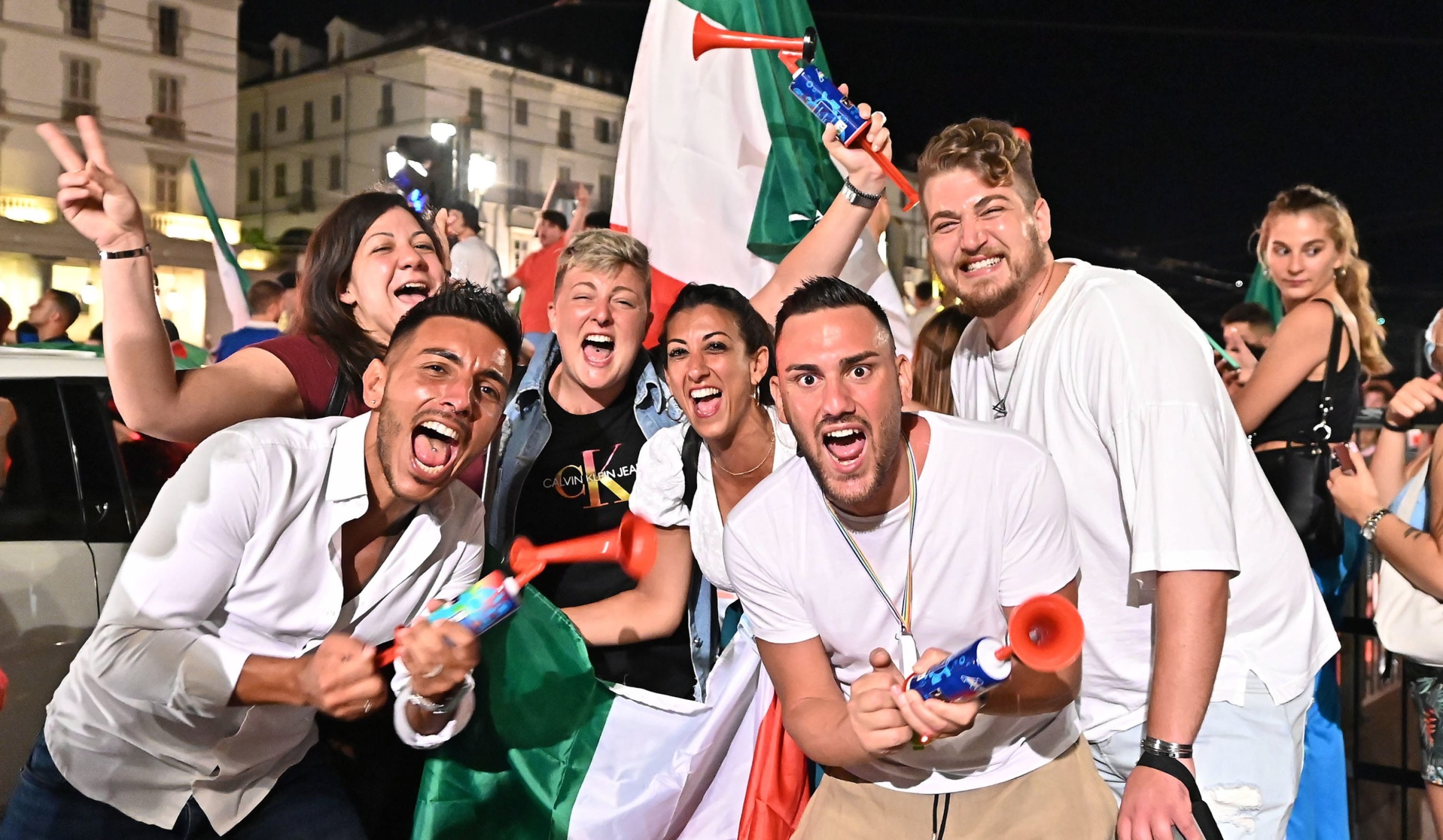 Italy supporters celebrate their team's UEFA Euro 2020 final victory over England, Turin, northern Italy, July 11, 2021. (EPA Photo)