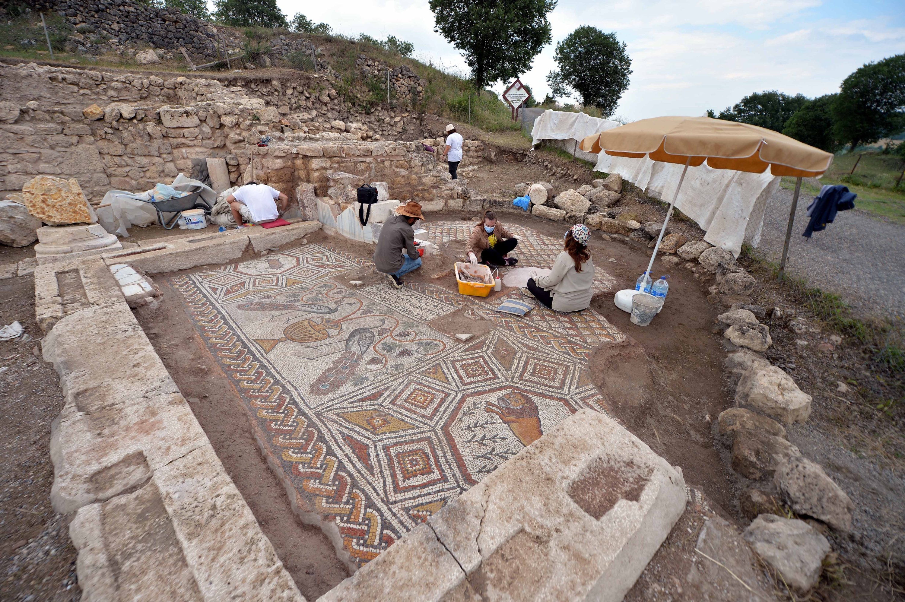 Archaeologists work on mosaics of the ancient city of Hadrianopolis, Karabük, Turkey, July 11, 2021. (AA Photo)