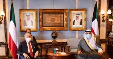 Turkish Parliament Speaker Mustafa Şentop (L) meets with Kuwaiti Prime Minister Sabah Al-Khalid Al-Sabah at Bayan Palace, Kuwait, July 12, 2021. (AA Photo)
