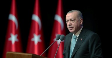President Tayyip Erdoğan speaks during an action plan meeting to prevent violence against women, in Ankara, Turkey, July 1, 2021. (Presidential Press Office Handout via Reuters)