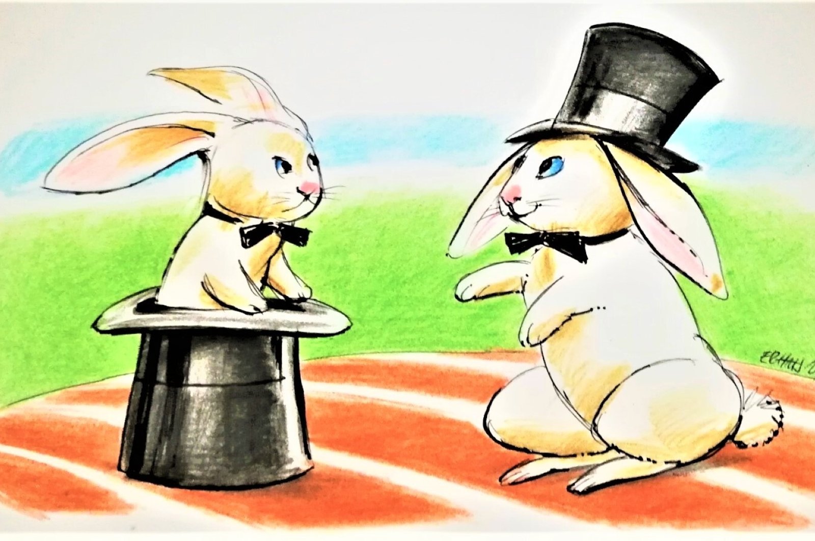 Illustration by Erhan Yalvaç showing two rabbits in magician hats, symbolizing the still undetermined candidates of Turkish opposition parties for the 2023 elections.
