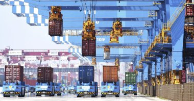 Gantry cranes move containers onto transporters at a port in Qingdao in eastern China's Shandong province, June 4, 2021. (AP Photo)