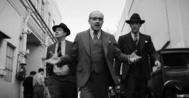 From left to right, Gary Oldman as Herman Mankiewicz, Arliss Howard as Louis B. Mayer and Tom Pelphrey as Joe Mankiewicz in a scene from "Mank."
