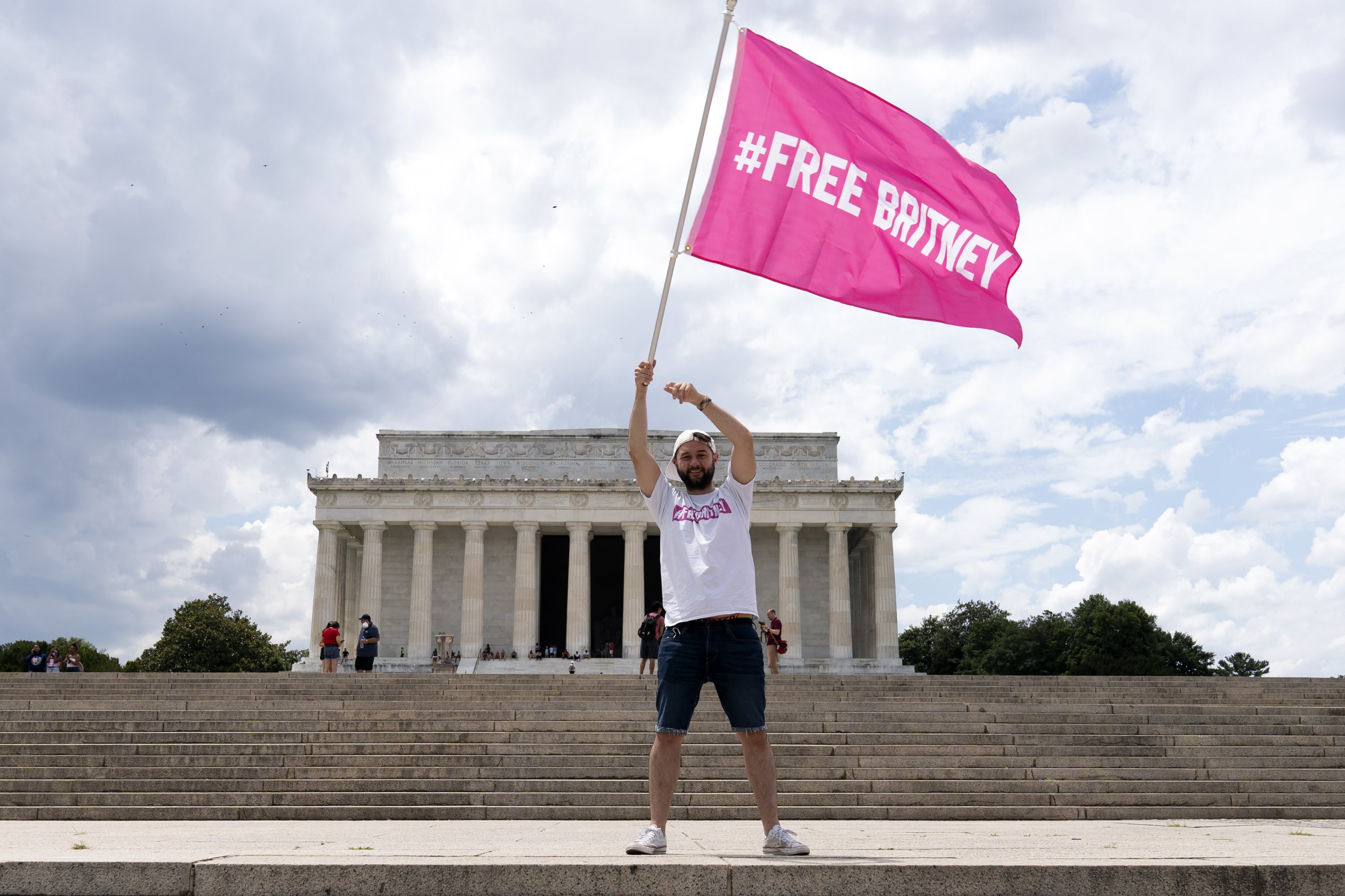 Fans and supporters of pop star Britney Spears protest at the Lincoln Memorial, during the "Free Britney" rally, Washington, U.S., July 14, 2021. (AP Photo)