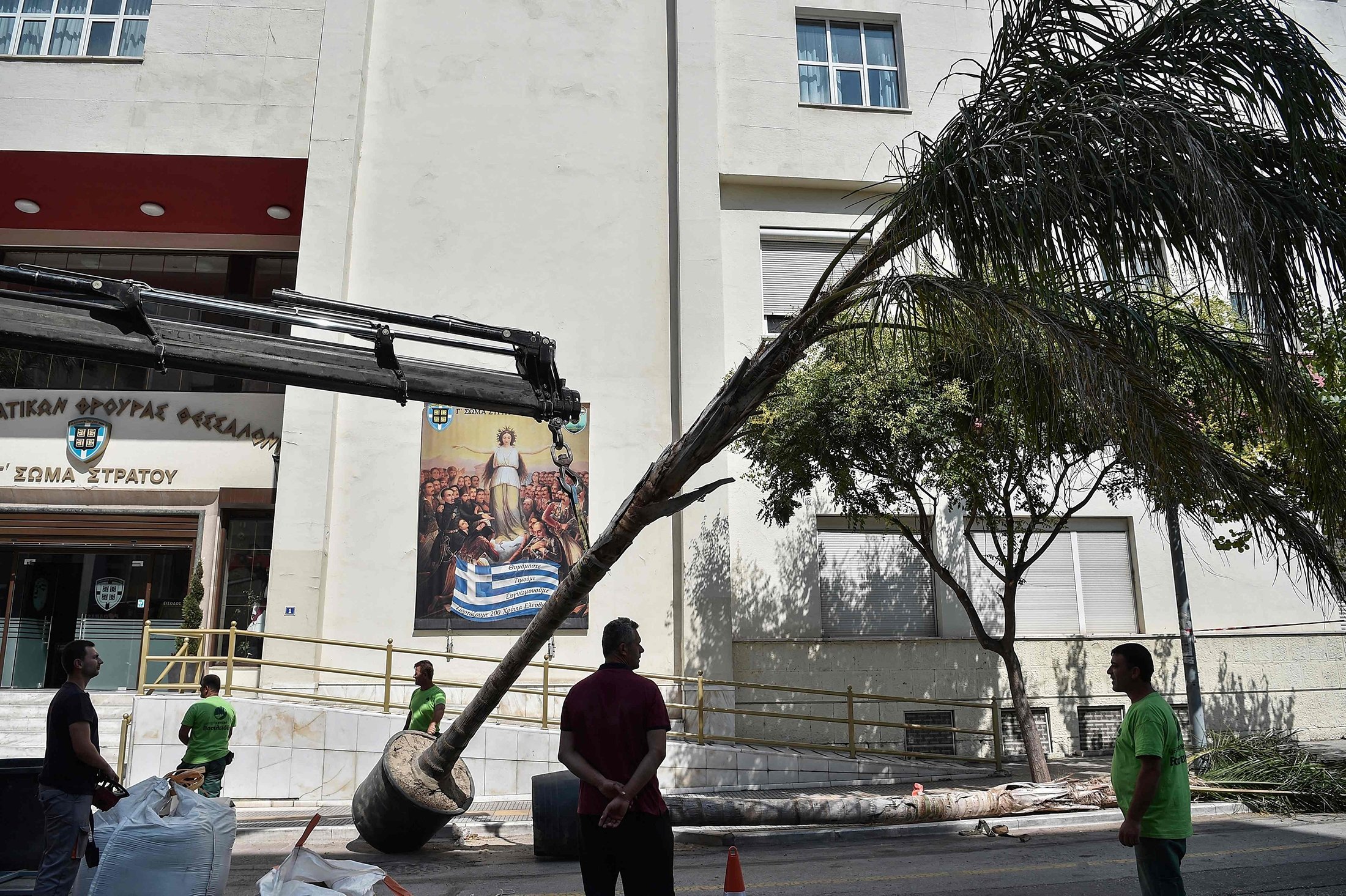 Movie crew members place a palm tree during the filming of the action thriller, "The Enforcer," starring Spanish actor, film director and producer Antonio Banderas, in a street of Thessaloniki, Greece, July 3, 2021. (AFP Photo)