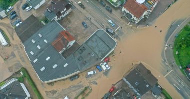 An aerial view of a flooded intersection in Hagen, western Germany, July 14, 2021, after heavy rain hit parts of the country, causing widespread flooding. (AFP Photo)