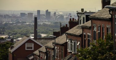 A general view of an old cotton mill in Oldham with the city of Manchester on the horizon, in Oldham, England, July 29, 2020. (Getty Images)