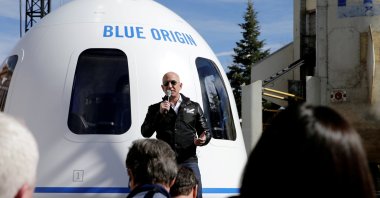 Amazon and Blue Origin founder Jeff Bezos addresses the media about the New Shepard rocket booster and Crew Capsule mockup at the 33rd Space Symposium in Colorado Springs, Colorado, U.S., April 5, 2017. (Reuters Photo)