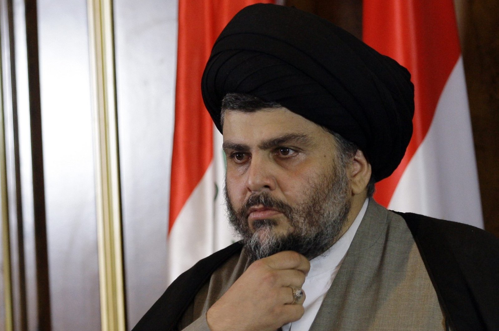 Shiite cleric Muqtada al-Sadr looks on during a press conference in Irbil, Iraq, April 26, 2012. (AP Photo)