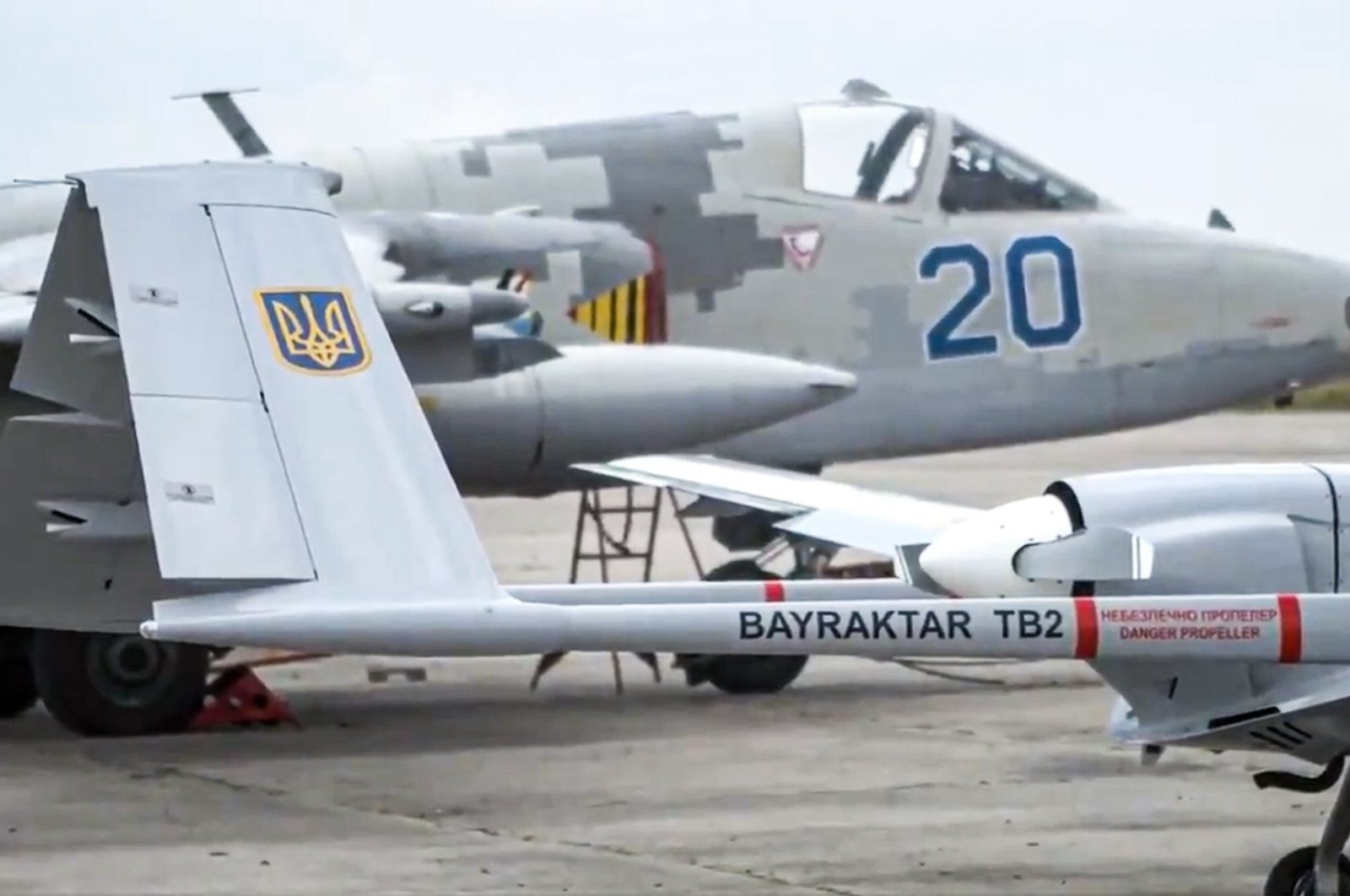 A screen grab shows a Bayraktar TB2 UCAV owned by the Ukrainian army during the Sea Breeze military exercise in the Black Sea, June 30, 2021.