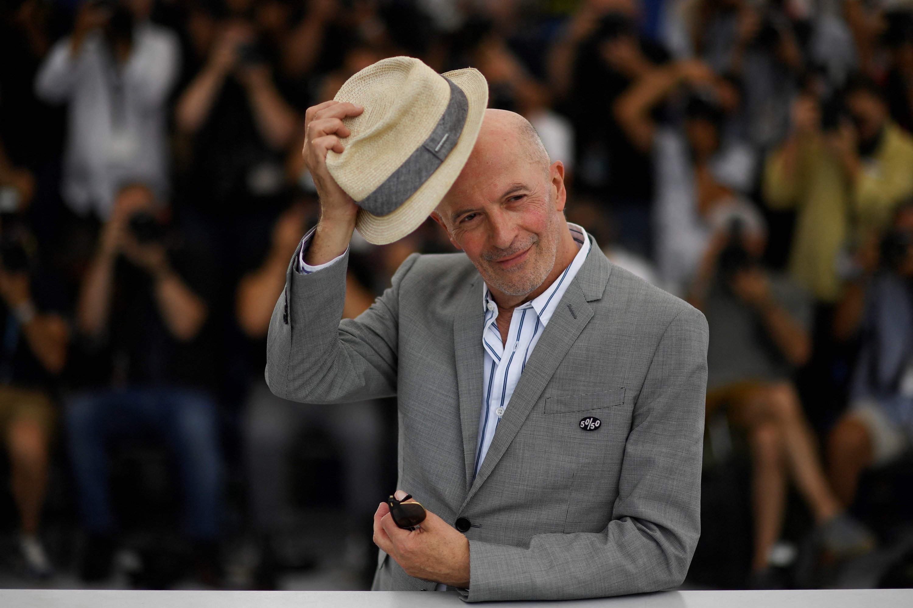 French director Jacques Audiard poses during a photocall for the film "Les Olympiades" (Paris 13th District) at the 74th edition of the Cannes Film Festival in Cannes, southern France, July 15, 2021. (AFP Photo)