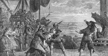 An engraving depicts a scene from the opera "The Flying Dutchman," performed by the Carl Rosa Company at the Lyceum Theatre, London, England, Oct. 14, 1876. (Getty Images)