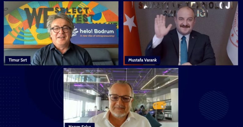 Industry and Technology Minister Mustafa Varank (top right), Getir founder Nazım Salur (bottom) and Timur Sırt attend online "Turkish Startup Ecosystem 2021 Second Quarter Conference" event, July 13, 2021. (AA Photo)