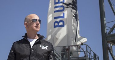 Jeff Bezos, founder of Blue Origin, at New Shepard's West Texas launch facility before the rocket's maiden voyage, U.S., April 24, 2015. (AFP Photo)