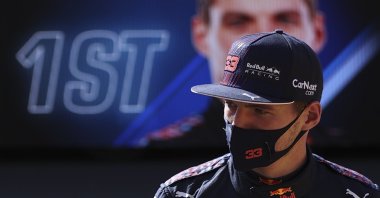 Red Bull's Dutch driver Max Verstappen reacts after taking the first position during the sprint qualifying session of the Formula One British Grand Prix at the Silverstone Circuit, Silverstone, central England, July 17, 2021. (EPA Photo)