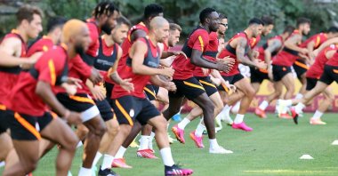 Galatasaray players take part in a training session ahead of their UEFA Champions League second qualifying round match against PSV Eindhoven, Istanbul, Turkey, July 19, 2021. (DHA Photo)
