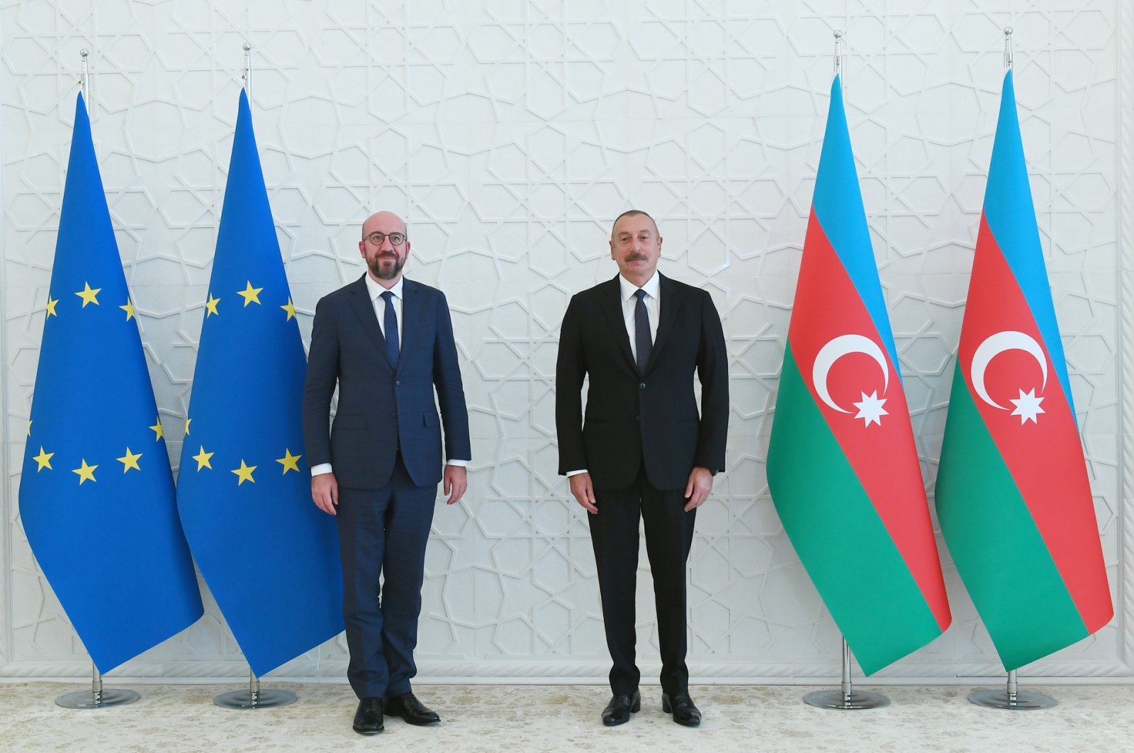 Azerbaijan's Ilham Aliyev (R) is seen together with EU Council head Charles Michel in the capital Baku, July 18, 2021 (AA Photo)