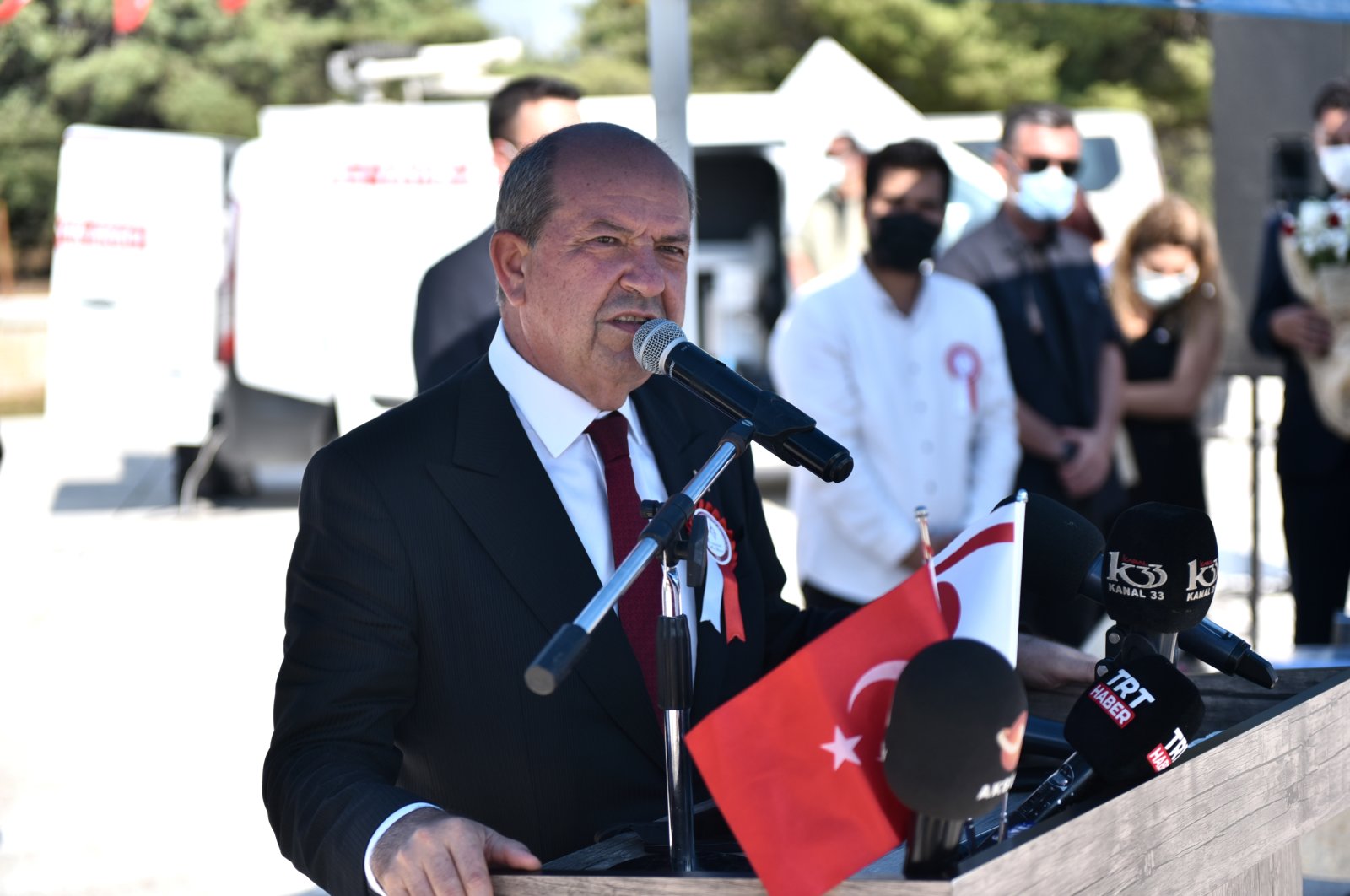Turkish Republic of Northern Cyprus President Ersin Tatar speaks at a commemoration ceremony in Turkey's Mersin, July 14, 2021. (AA Photo)