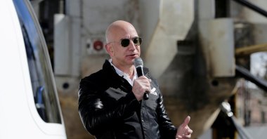 Amazon and Blue Origin founder Jeff Bezos addresses the media about the New Shepard rocket booster and crew capsule mockup at the 33rd Space Symposium in Colorado Springs, U.S., April 5, 2017. (Reuters Photo)