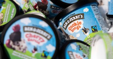 Ben and Jerry's ice cream is stored in a cooler at an event where founders Jerry Greenfield and Ben Cohen gave away ice cream to bring attention to police reform at the U.S. Supreme Court in Washington, D.C., U.S., May 19, 2021. (AFP File Photo)