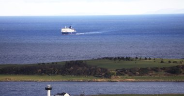A ferry from Scotland crosses the Irish Sea towards the port at Larne on the north coast of Northern Ireland, Jan. 1, 2021. (AP Photo)