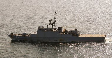 In this handout photo from the Royal Danish Air Force, the Iranian navy destroyer Sahand is seen sailing through the Baltic Sea off the island of Bornholm, a Danish island in the Baltic Sea off the south coast of Sweden, July 22, 2021. (Royal Danish Air Force via AP)