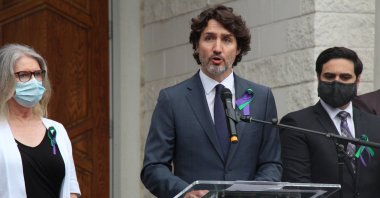 Canadian Prime Minister Justin Trudeau speaks during the memorial ceremony organized for members of the Muslim family killed in an Islamophobic attack, London, Ontario, Canada, June 10, 2021. (AA Photo)