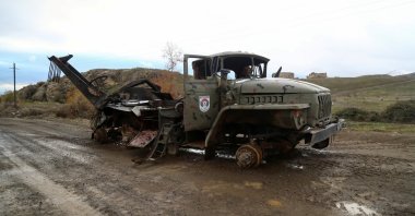 A damaged truck belonging to Armenian forces in an area that came under the control of Azerbaijan's troops following a military conflict over Nagorno-Karabakh, in Jabrayil District, Azerbaijan, December 7, 2020. (Reuters Photo)