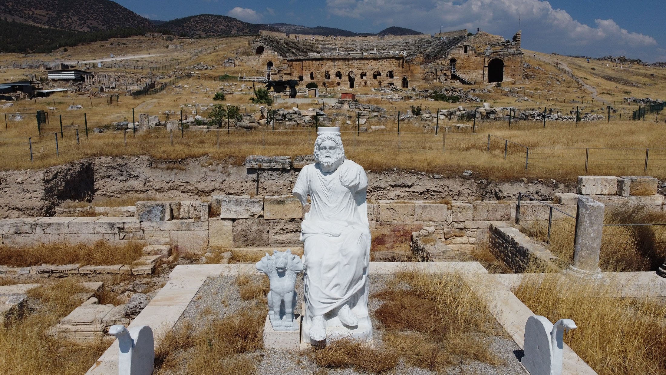 A statue rises in the center of the ancient city of Hierapolis in Pamukkale, Denizli, Turkey, July 23, 2021. (AA Photo)