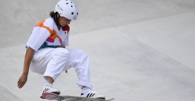 Japan's Momiji Nishiya in action during the Tokyo 2020 Olympics Women's Street Skateboarding Final at the Ariake Urban Sports Park, Tokyo, Japan, July 26, 2021. (Reuters Photo)