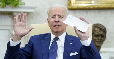 U.S. President Joe Biden speaks during his meeting with Iraqi Prime Minister Mustafa al-Kadhimi in the Oval Office of the White House in Washington, D.C., U.S., Monday, July 26, 2021. (AP Photo)