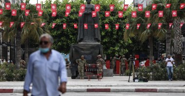 The Tunisian army monitors the main street Habib Bourguiba, in Tunis, Tunisia, July 27, 2021. (EPA Photo)