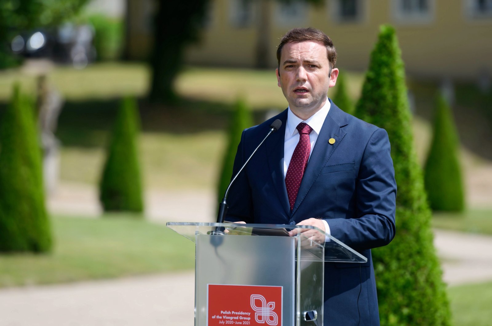 North Macedonian Foreign Minister Bujar Osmani attends a press conference after the Visegrad Group and Western Balkans foreign ministers meeting in Rogalin, western Poland, June 28, 2021. (EPA Photo)