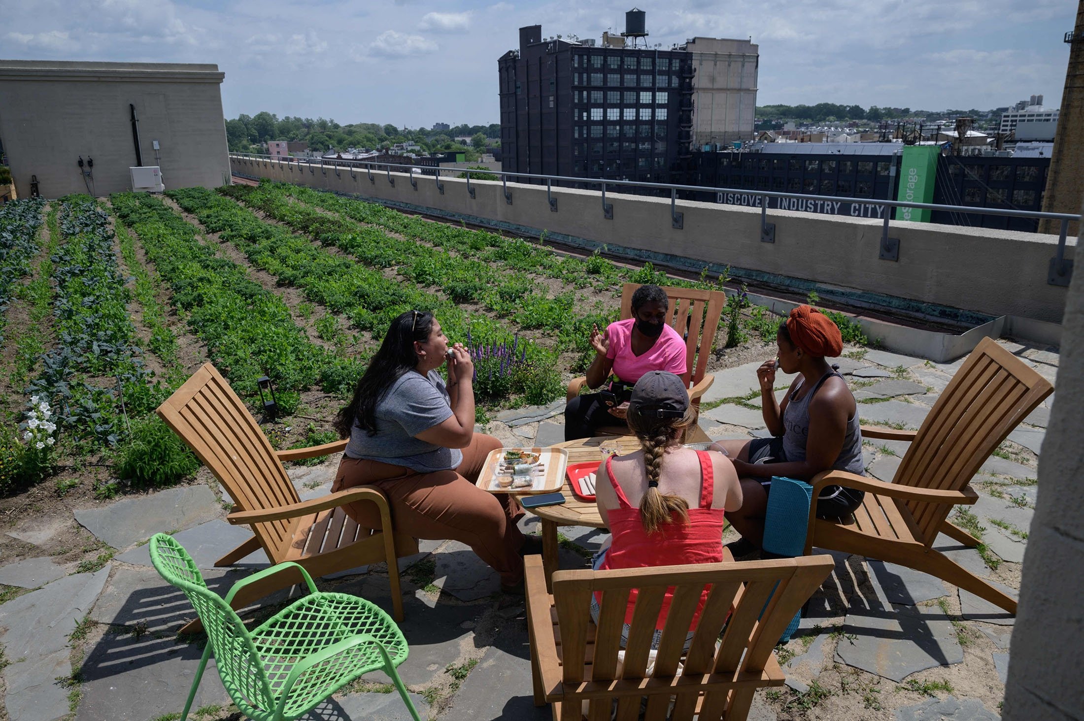 People visit the Brooklyn Grange rooftop farming company and sustainability center during an open day, in the New York City borough of Brooklyn, U.S., May 23, 2021. (AFP Photo)