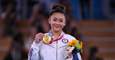 U.S.'s Sunisa Lee pose with the Tokyo 2020 Olympics gymnastics women's individual all-around gold, Ariake Gymnastics Center, Tokyo, Japan, July 29, 2021.