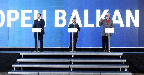 Serbia's President Aleksandar Vucic (left) North Macedonia's Prime Minister Zoran Zaev (center) and Albania's Prime Minister Edi Rama (right) hold a joint news conference just after the economic forum for regional cooperation in Skopje, North Macedonia, Thursday, July 29, 2021. (AP Photo)