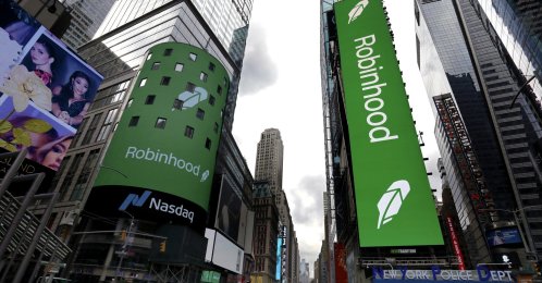 The logo of Robinhood Financial LLC is seen on the Nasdaq Stock Market for the company's initial public offering (IPO) in New York, U.S., July 29, 2021. (EPA Photo)