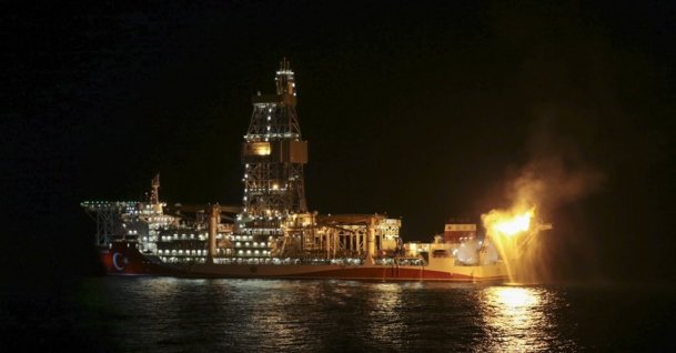 A gas flares from Turkey's Kanuni drillship in the Black Sea, July 28, 2021. (IHA Photo)
