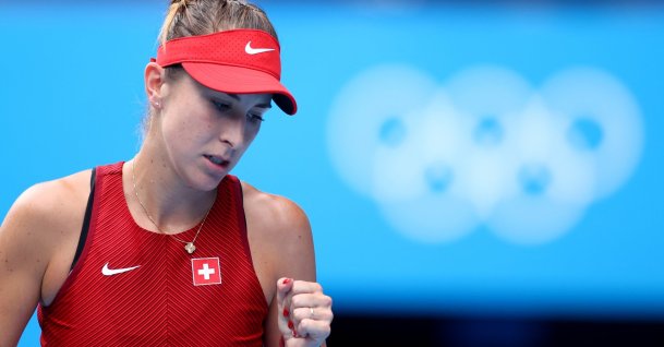 Switzerland's Belinda Bencic reacts during her Tokyo 2020 Olympics tennis women's singles semifinal match against Kazakhstan's Elena Rybakina at Ariake Tennis Park, Tokyo, Japan, July 29, 2021.
