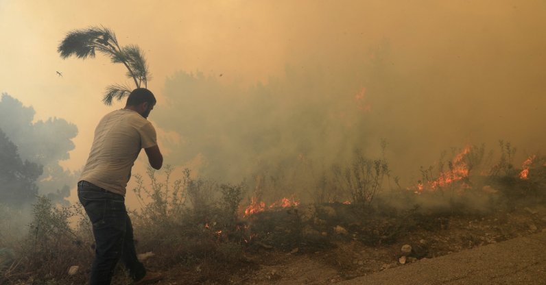 A man tries to extinguish a forest fire at Qobayat village, in the northern Akkar province, Lebanon, on July 29, 2021. (AP Photo)